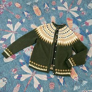Vintage 100% wool Saga Knit Norway fair isle green sweater cardigan M